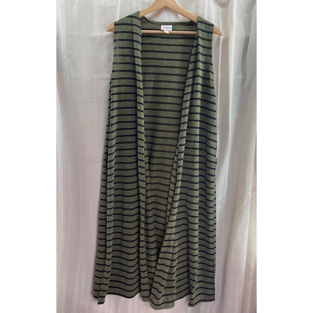 LuLaRoe Olive Green Black Stripe Long Sleeveless‎ Duster Cardigan Vest S Boho